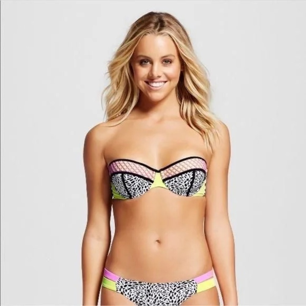Strapless Colorblock Bikini Set - Pink, Yellow & Black